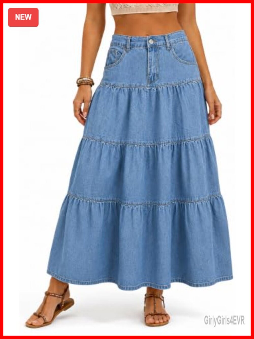 Tiered Denim Maxi Skirt High Rise Elastic Back Waist Pockets